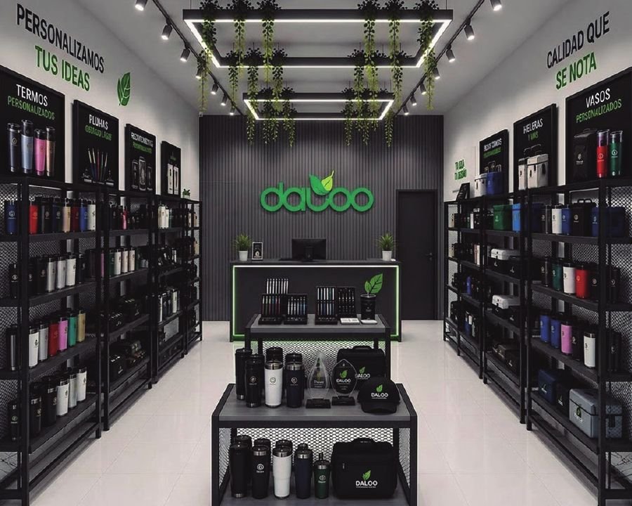 Interior de una tienda Daloo con exhibición de termos y vasos